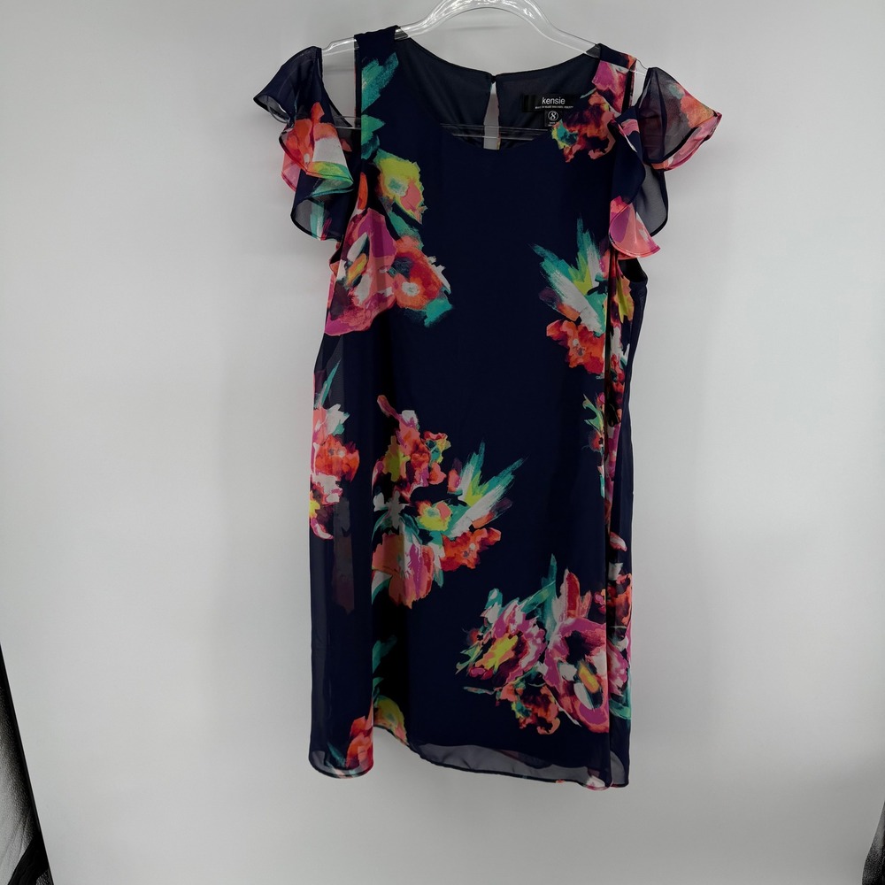 Kensie Navy Floral Cold Shoulder‎ Ruffle Sleeve Dress Size 8